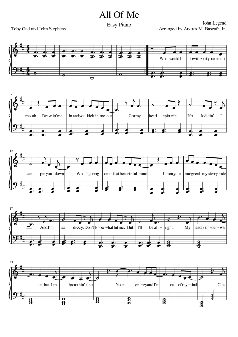 All of Me in D Major Easy Piano scores gallery preview page 1