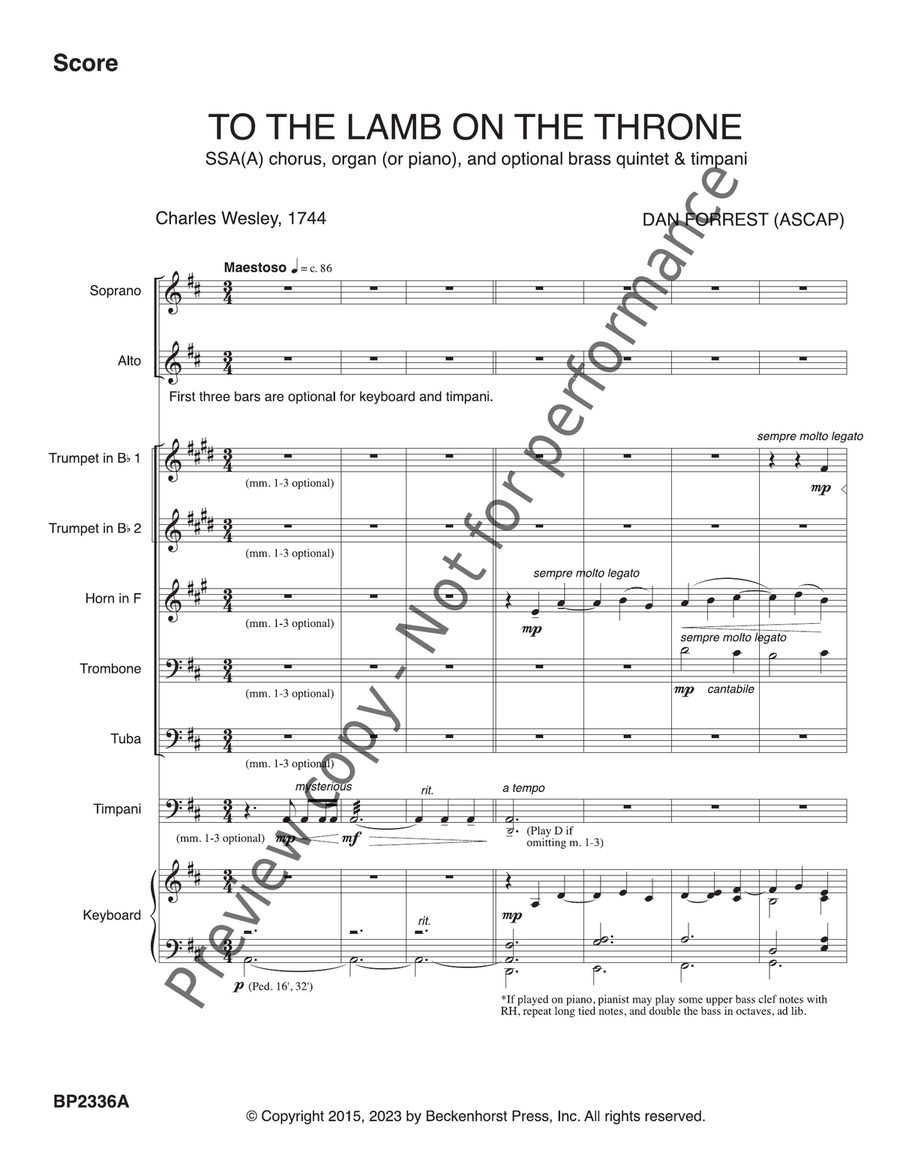 To the Lamb on the Throne - SSA(A) - brass quintet and percussion parts and score SSA scores gallery preview page 2