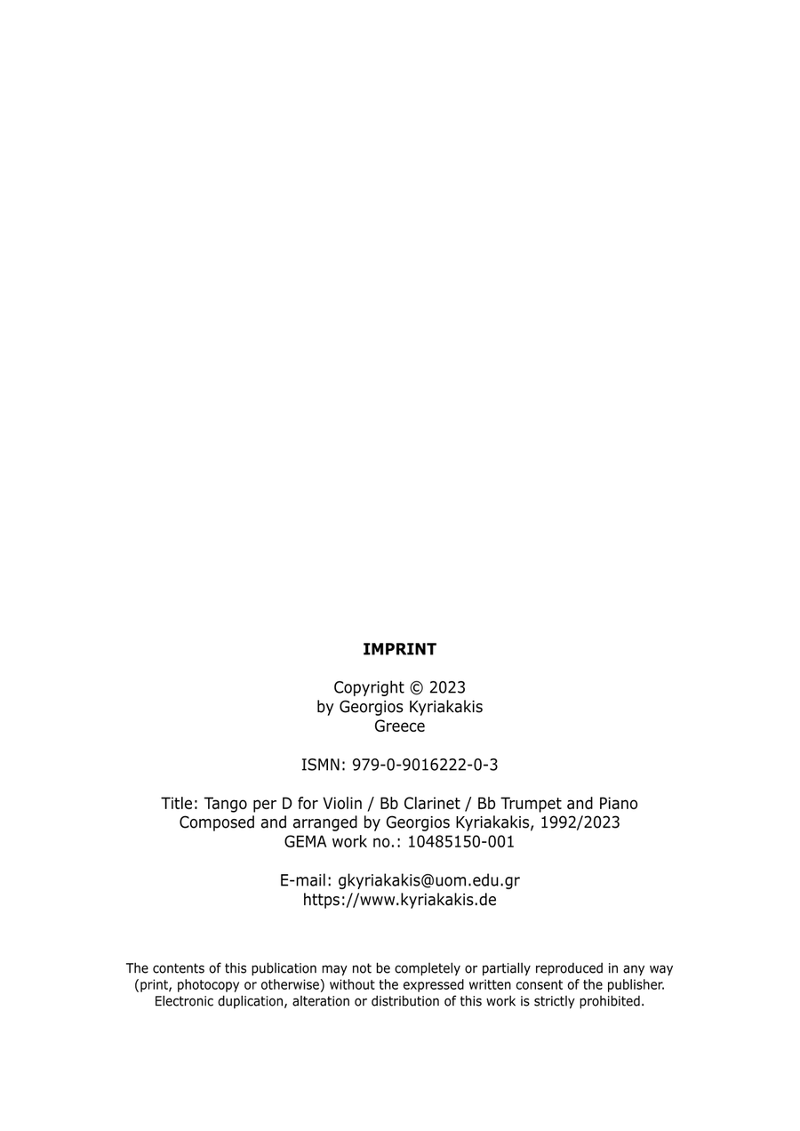 Tango per D for Violin (also for Bb Clarinet or Bb Trumpet) and Piano Chamber Music scores gallery preview page 2