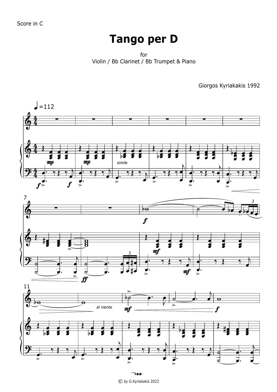 Tango per D for Violin (also for Bb Clarinet or Bb Trumpet) and Piano Chamber Music scores gallery preview page 3