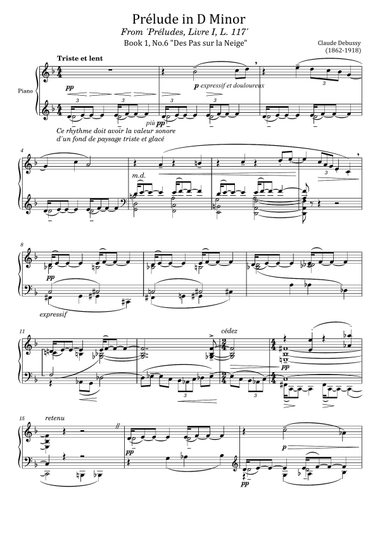 Debussy Preludes, Livre 1, L.117 Book 1, No.6 Des Pas sur la Neige - For Piano Solo Original