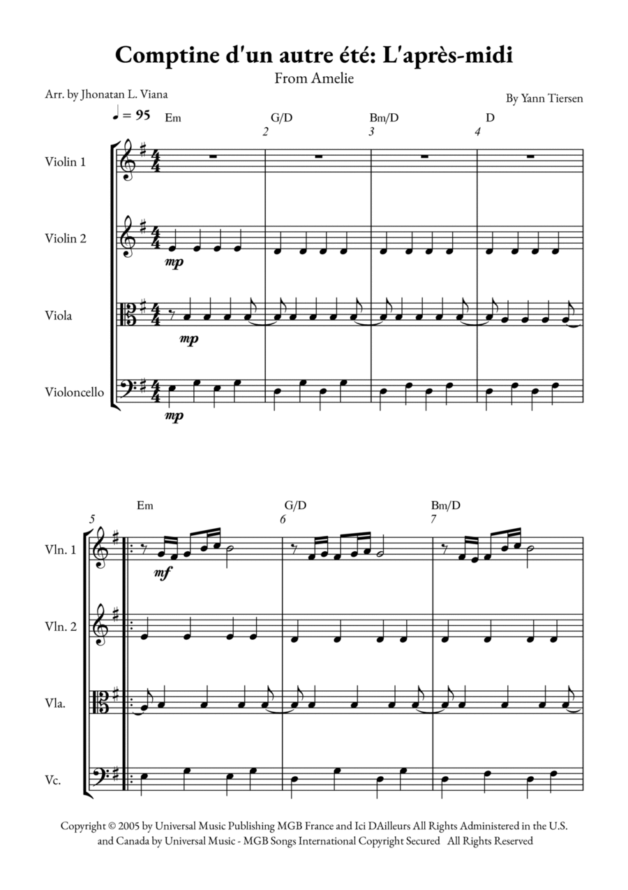 Comptine D'un Autre Été: L'après-Midi String Quartet scores gallery preview page 1