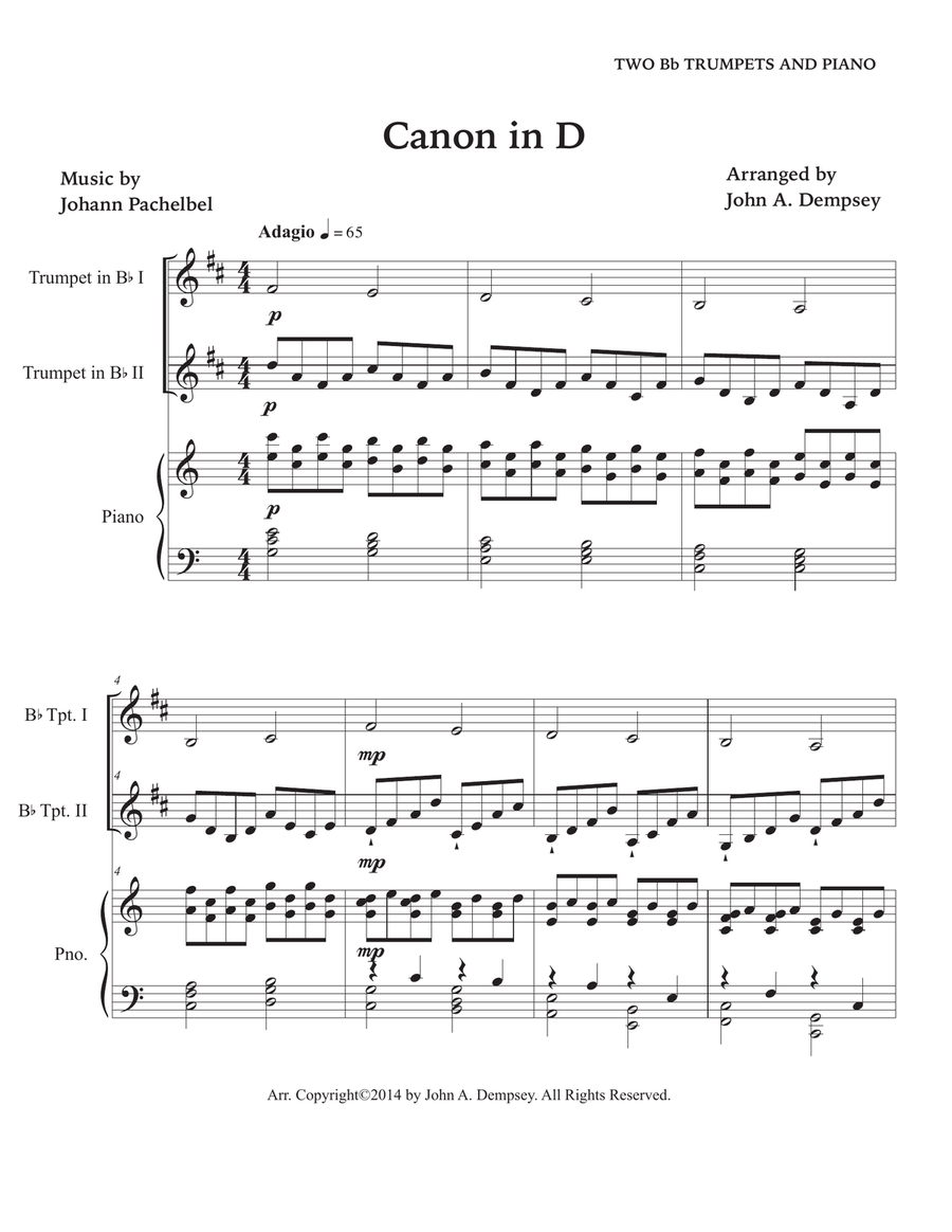 Canon in D (in C major): Trio for Two Trumpets and Piano Trumpet Duet scores gallery preview page 5