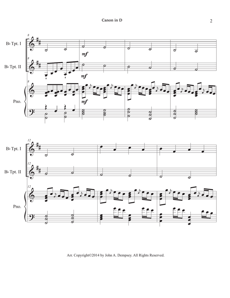 Canon in D (in C major): Trio for Two Trumpets and Piano Trumpet Duet scores gallery preview page 6