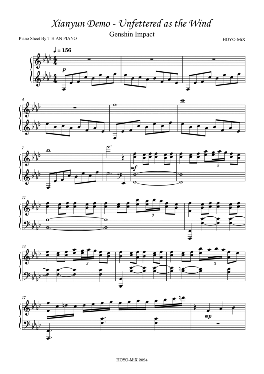Xianyun Demo - Unfettered as the Wind - Genshin Impact Piano Solo scores gallery preview page 1
