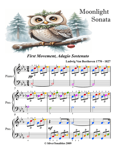 Moonlight Sonata 1st Mvt Easy Elementary Piano Sheet Music with Colored Notation