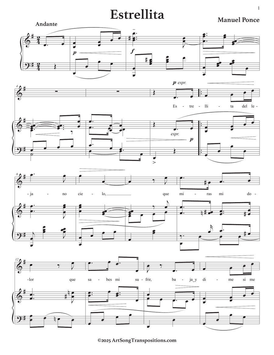PONCE: Estrellita (transposed to G major) Piano, Vocal scores gallery preview page 2