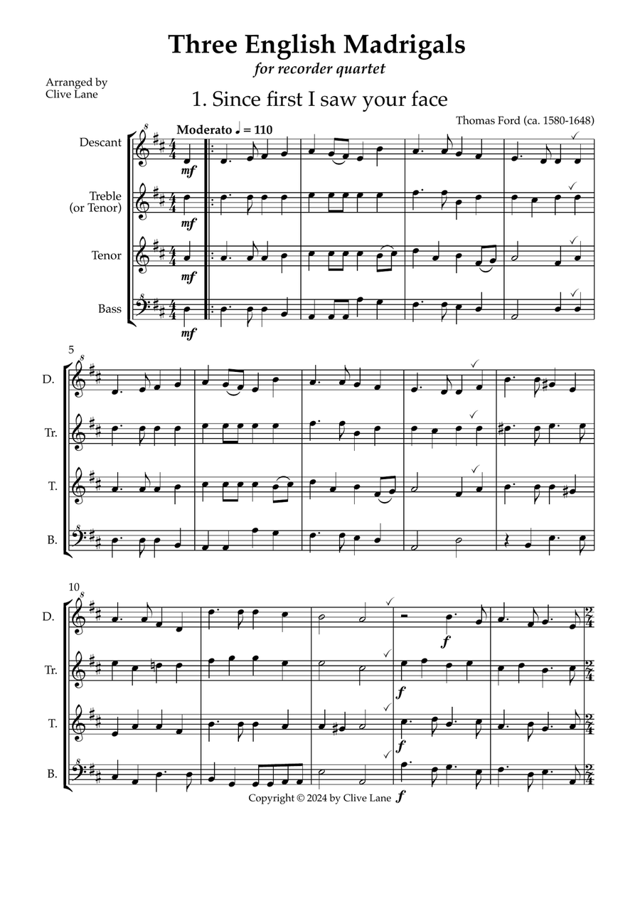 Three English Madrigals for recorder quartet Soprano Recorder scores gallery preview page 3