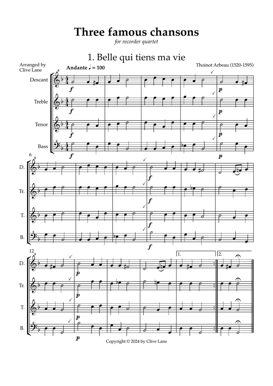 Three Famous Renaissance Chansons for recorder quartet Soprano Recorder scores gallery preview page 3