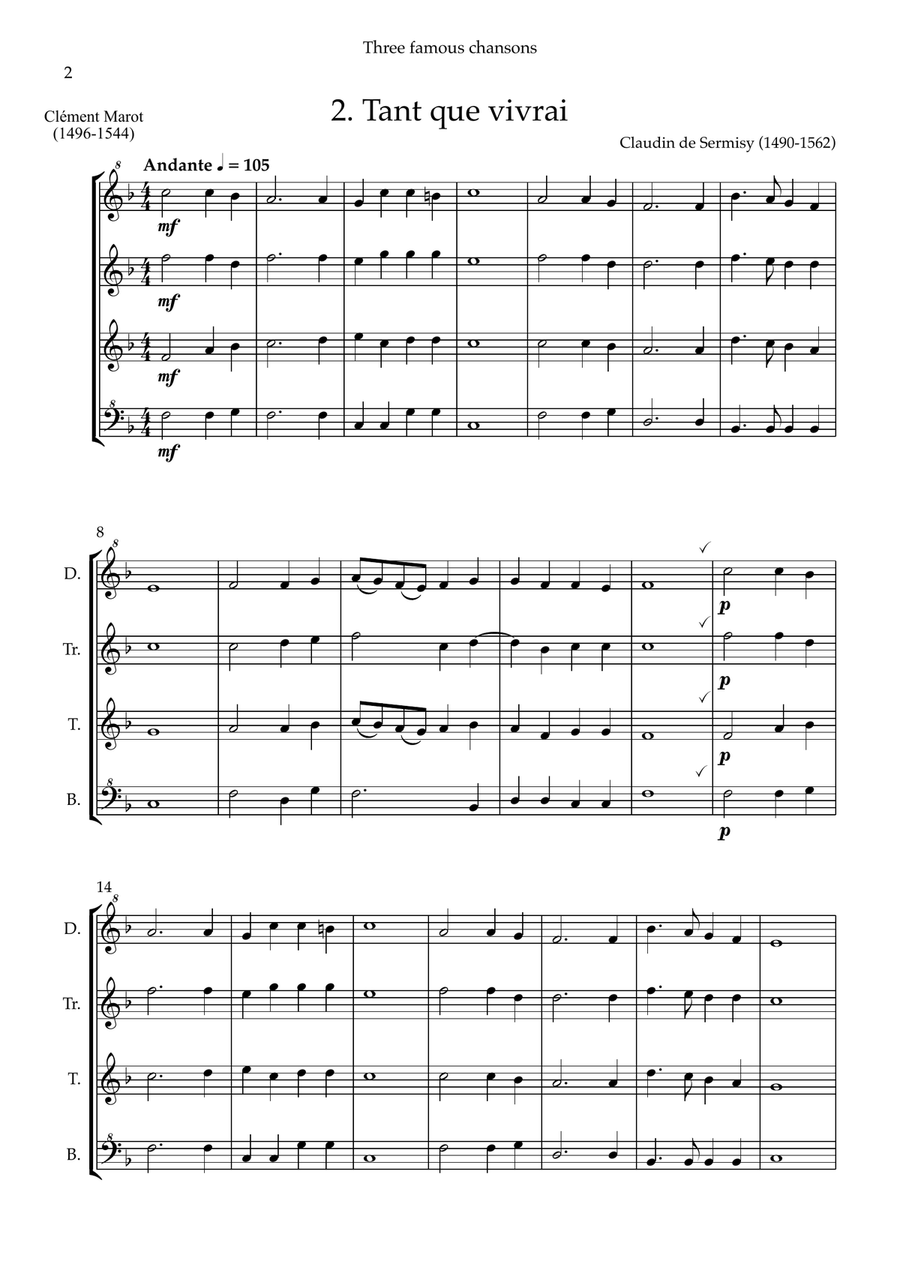 Three Famous Renaissance Chansons for recorder quartet Soprano Recorder scores gallery preview page 4