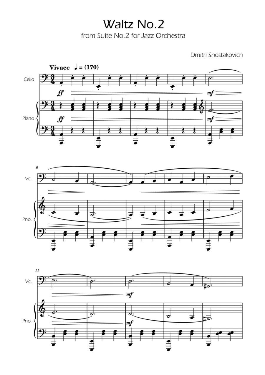 Dmitri Shostakovich - Second Waltz - Cello solo w/ Piano Piano scores gallery preview page 1