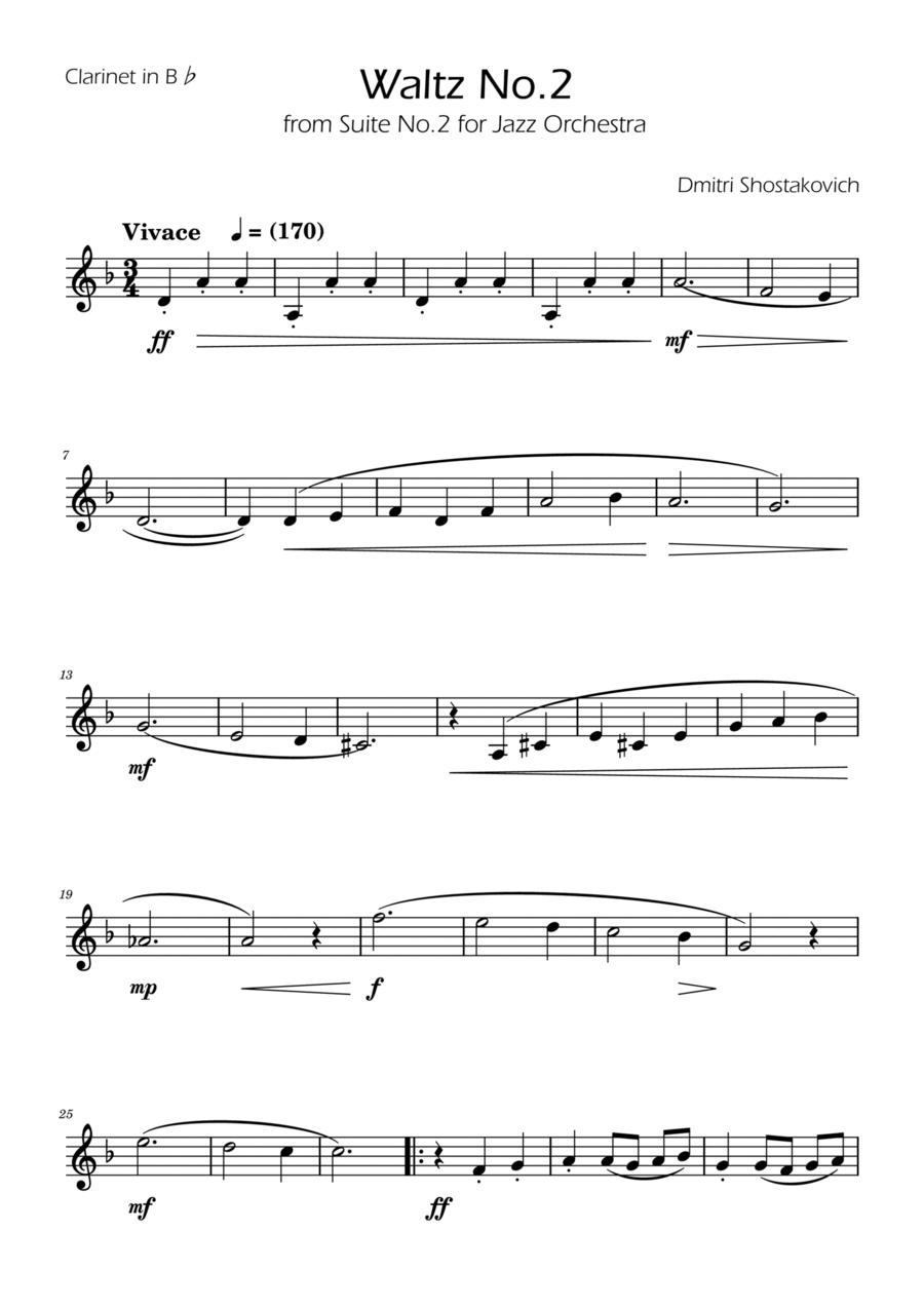 Dmitri Shostakovich - Second Waltz - Clarinet solo w/ Piano B-Flat Clarinet scores gallery preview page 1