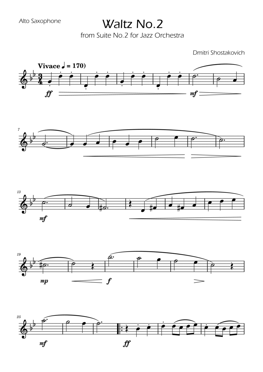 Dmitri Shostakovich - Second Waltz - Alto Sax w/ Piano Alto Saxophone scores gallery preview page 1