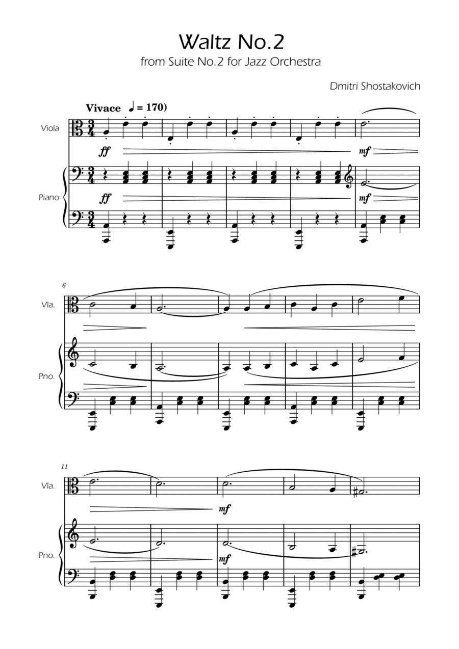 Dmitri Shostakovich - Second Waltz - Viola w/ Piano Viola scores gallery preview page 1