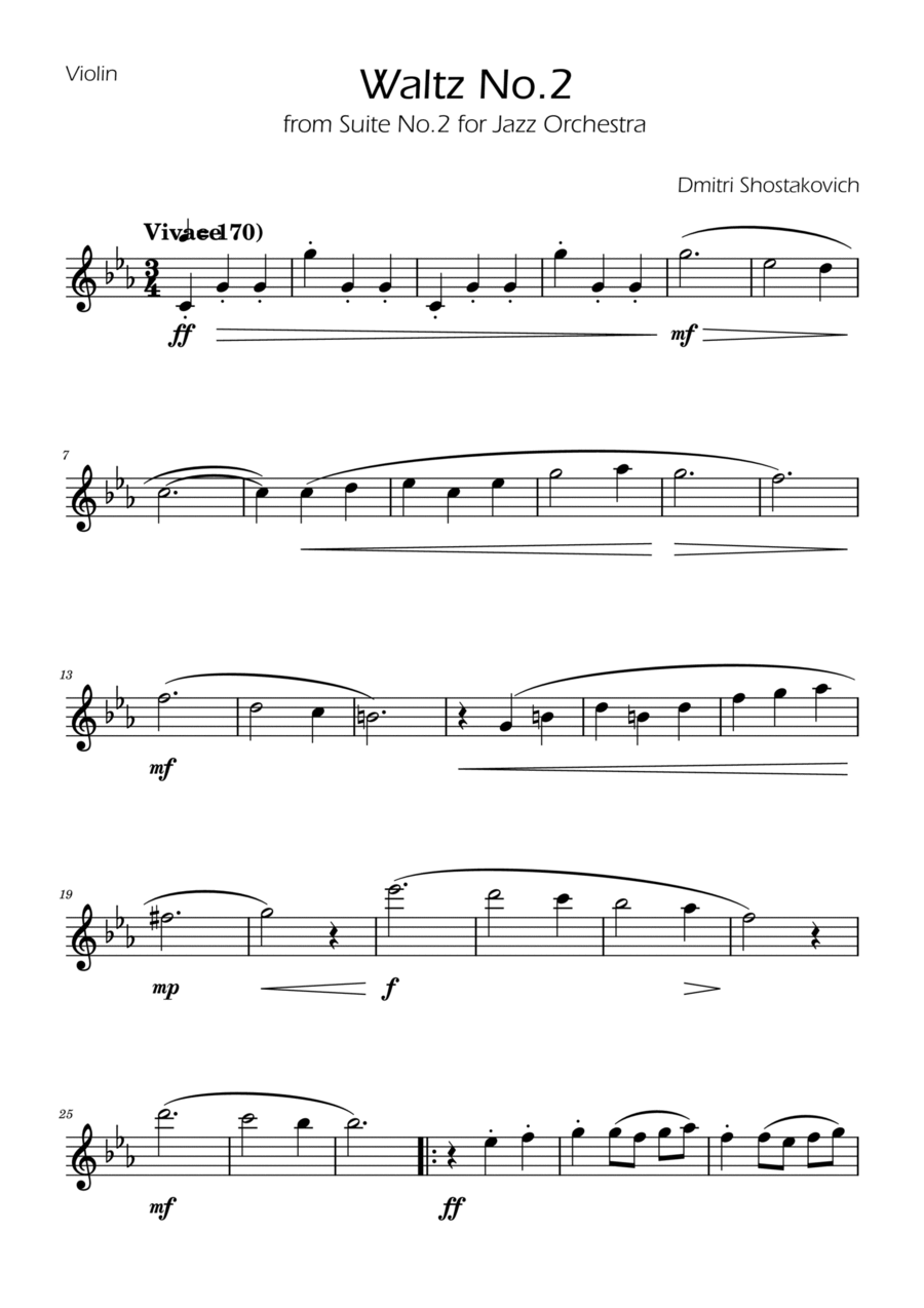 Dmitri Shostakovich - Second Waltz - Violin solo w/ Piano Violin Solo scores gallery preview page 1