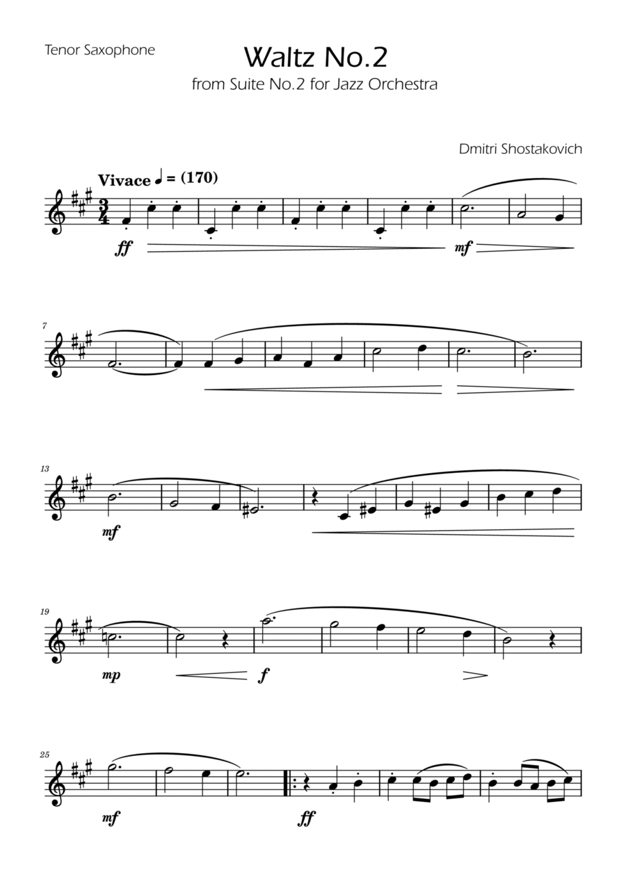 Dmitri Shostakovich - Second Waltz - Tenor Sax Tenor Saxophone scores gallery preview page 1