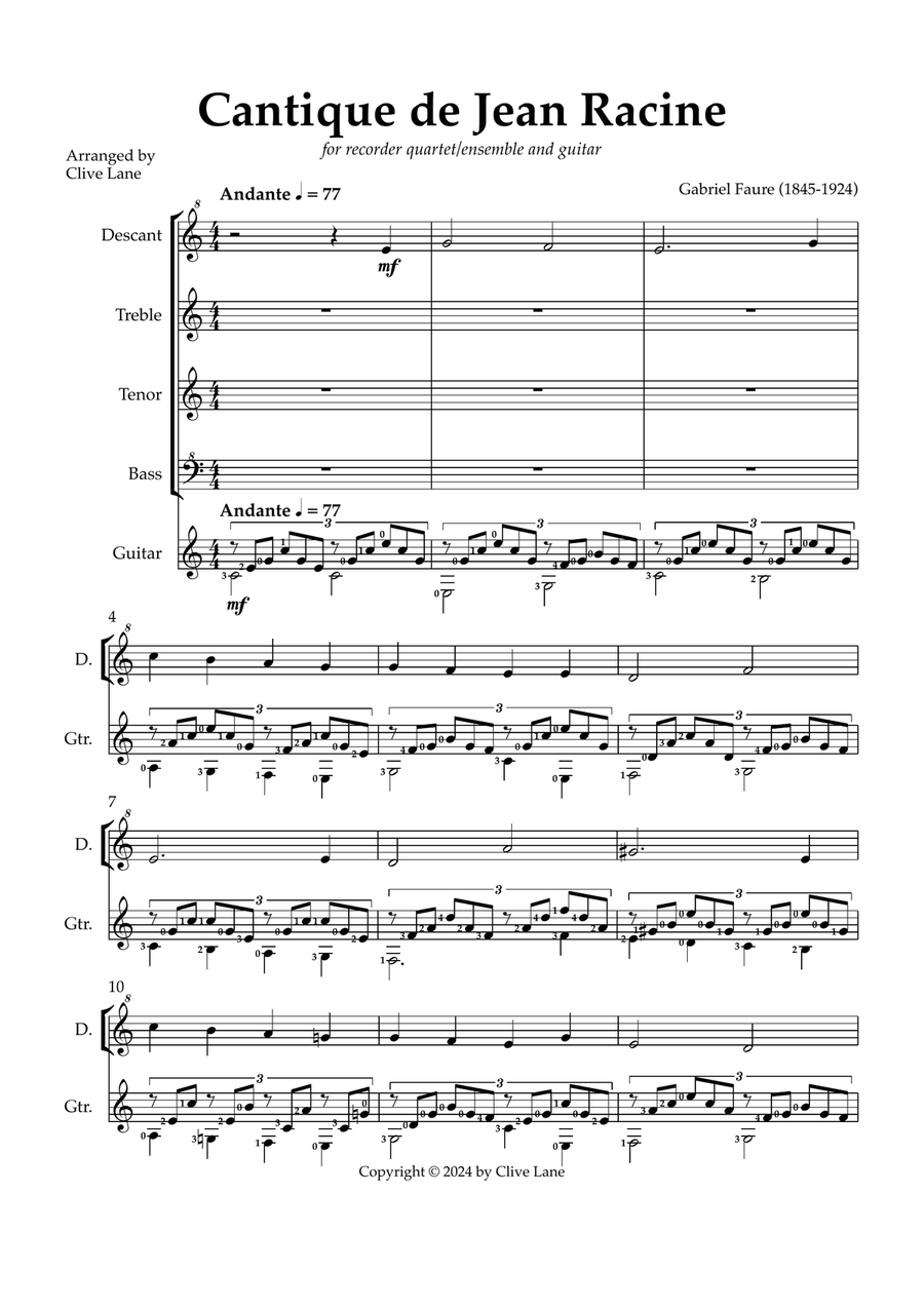 Cantique de Jean Racine for recorder quartet (or ensemble) and guitar Soprano Recorder scores gallery preview page 3