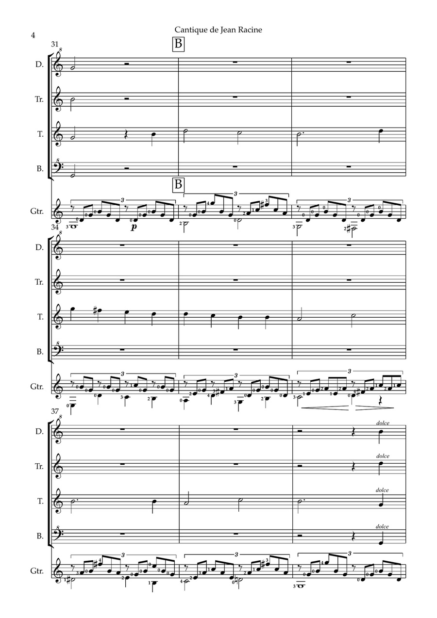 Cantique de Jean Racine for recorder quartet (or ensemble) and guitar Soprano Recorder scores gallery preview page 6