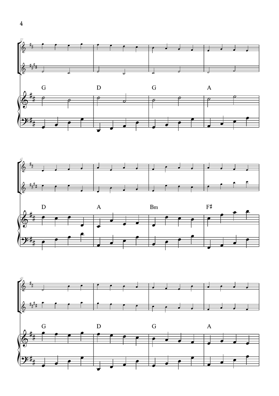 Pachelbel Canon in D • flute & clarinet duet sheet music w/ piano accompaniment [chords] Woodwind Duet scores gallery preview page 4