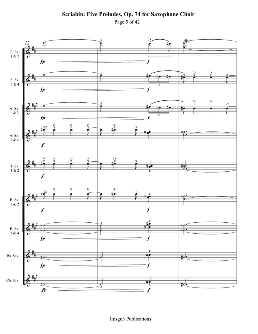Scriabin: Five Preludes, Op. 74, for Saxophone Choir Woodwind Ensemble scores gallery preview page 5