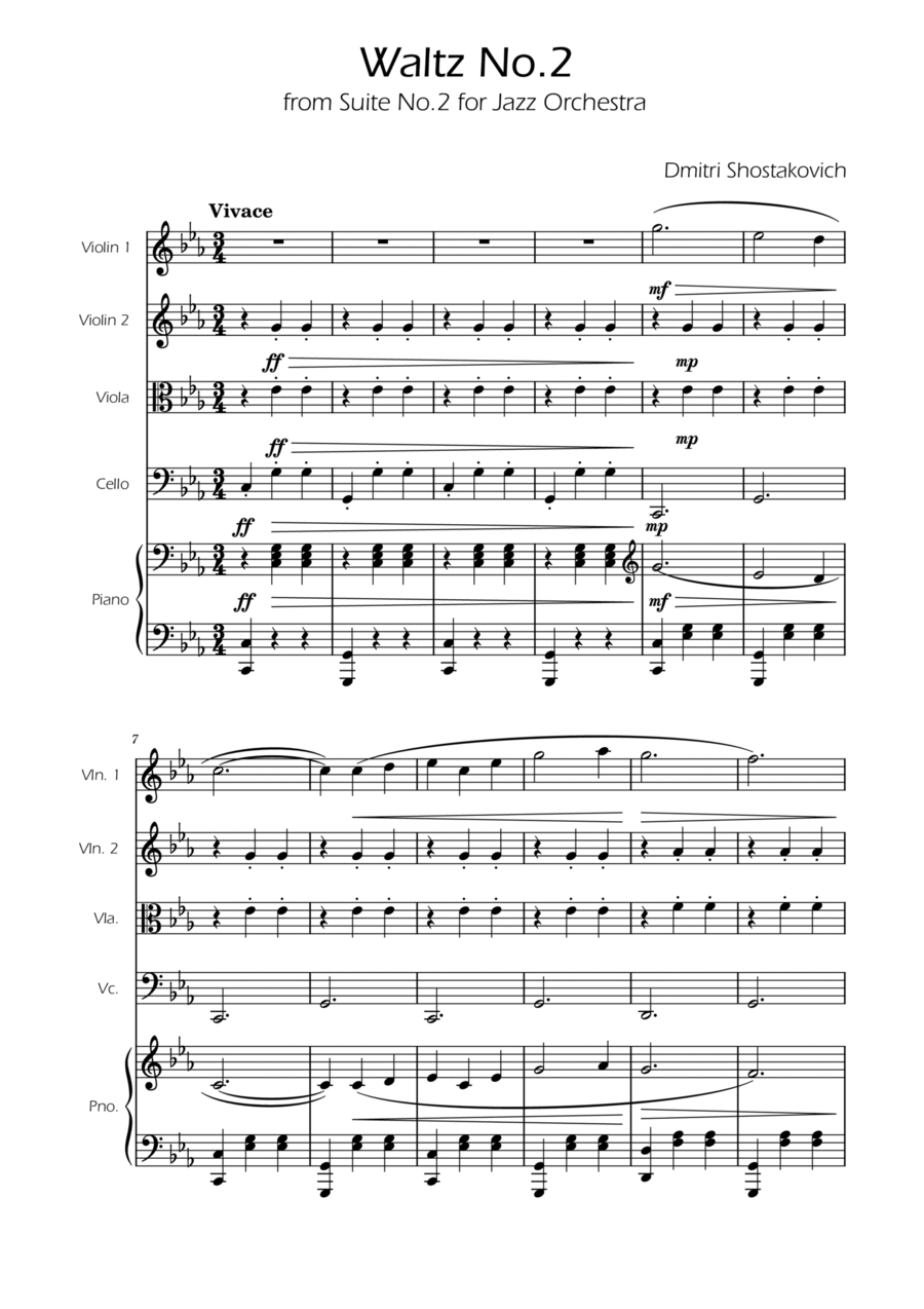 Dmitri Shostakovich - Second Waltz - String Quartet w/ Piano String Quartet scores gallery preview page 1
