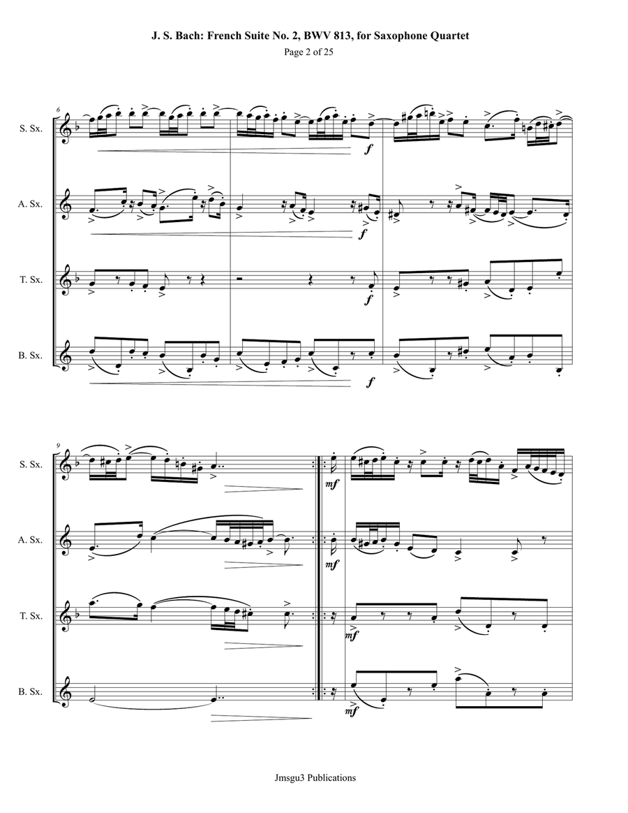Bach: French Suite No. 2, BWV 813, for Saxophone Quartet Saxophone Quartet scores gallery preview page 2