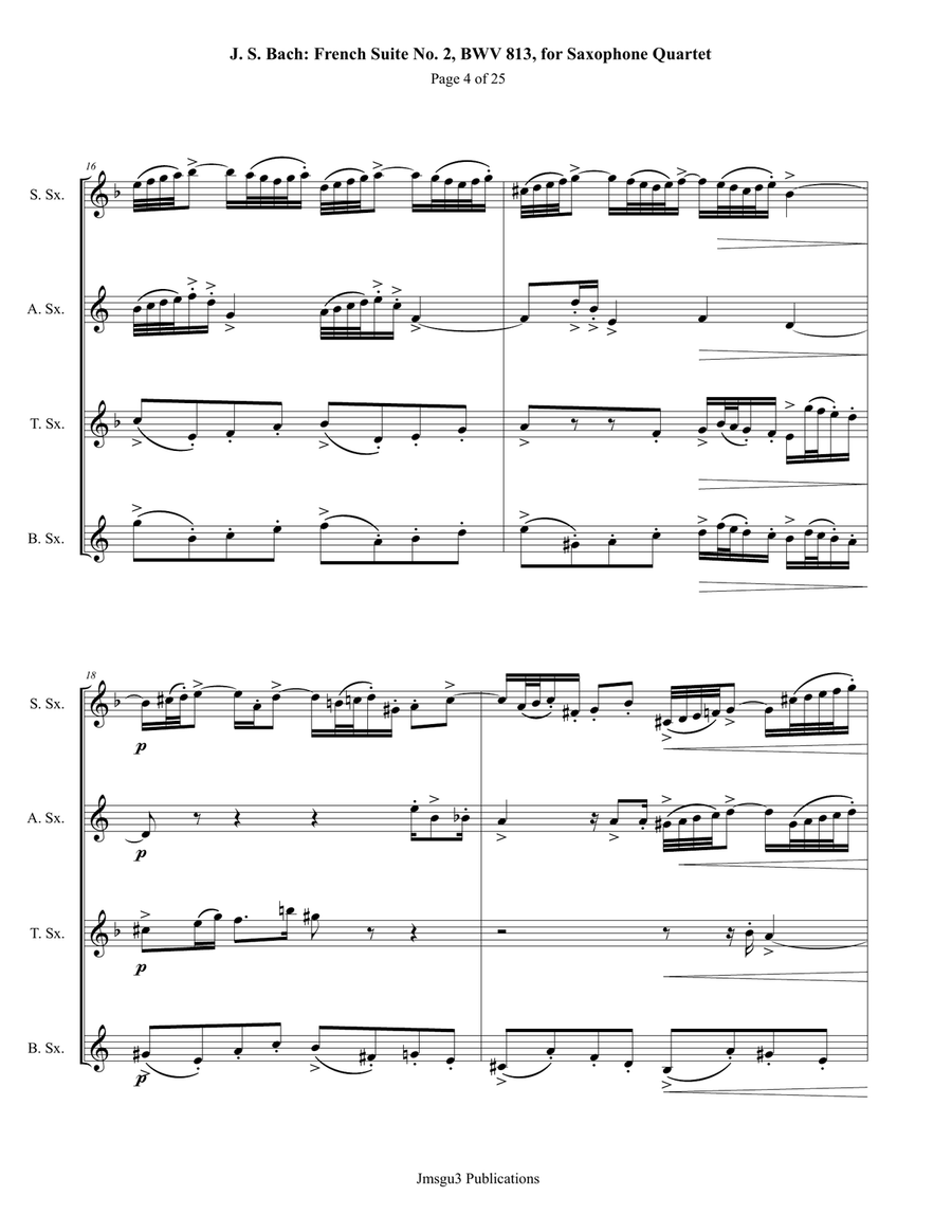 Bach: French Suite No. 2, BWV 813, for Saxophone Quartet Saxophone Quartet scores gallery preview page 4