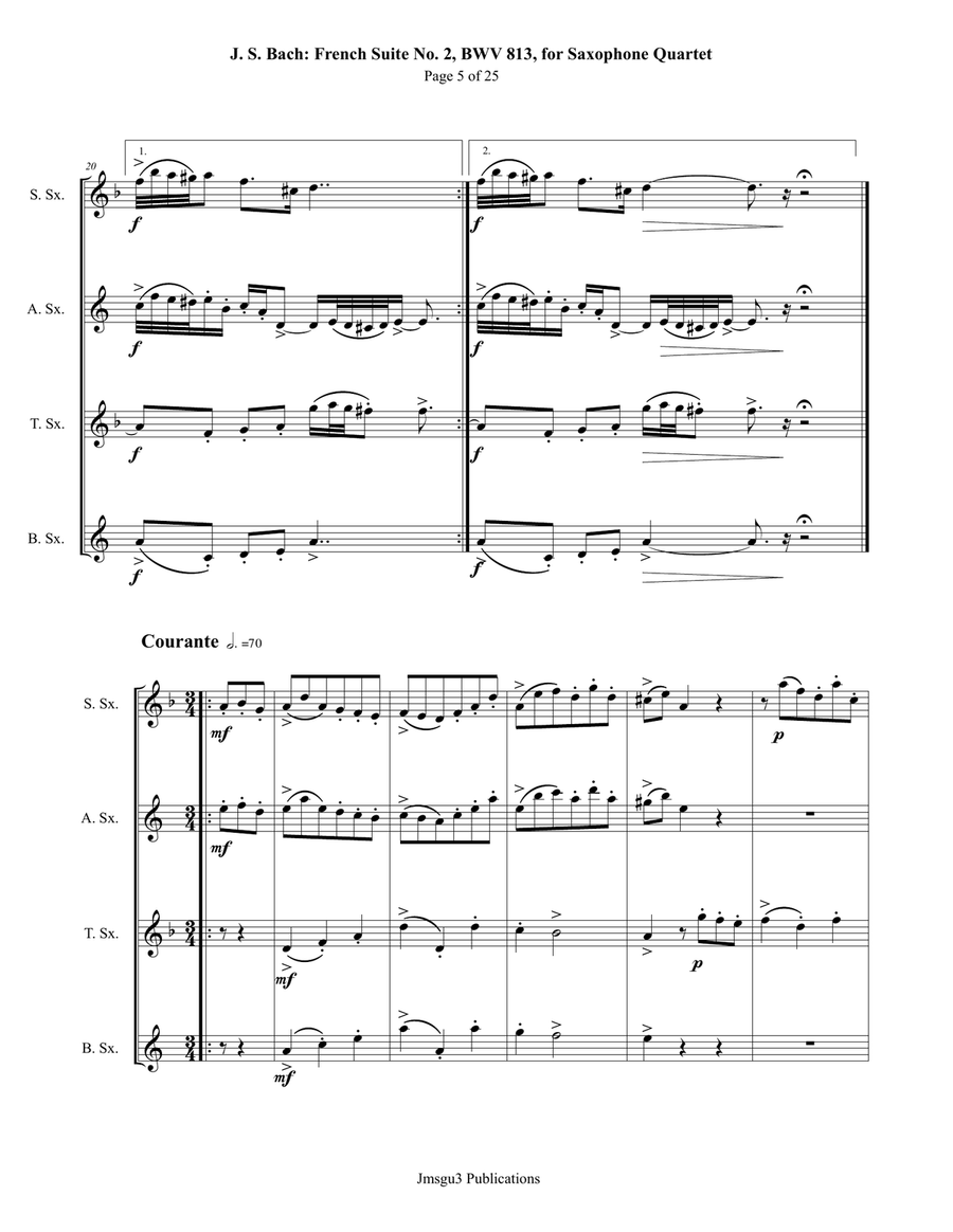 Bach: French Suite No. 2, BWV 813, for Saxophone Quartet Saxophone Quartet scores gallery preview page 5