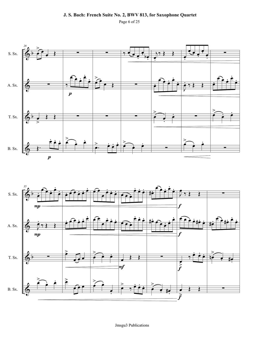 Bach: French Suite No. 2, BWV 813, for Saxophone Quartet Saxophone Quartet scores gallery preview page 6