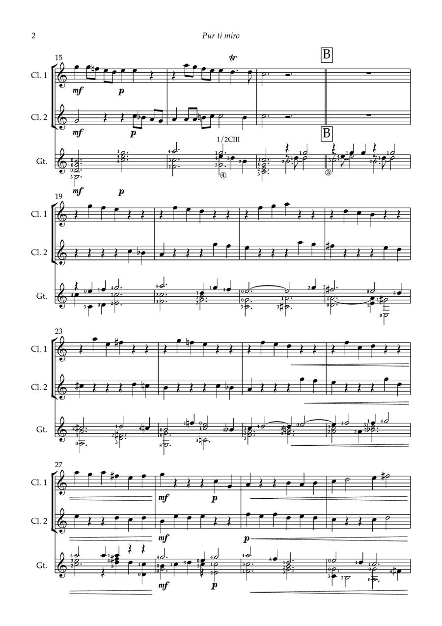 Pur ti miro (I adore you) for 2 clarinets and guitar Clarinet Duet scores gallery preview page 2
