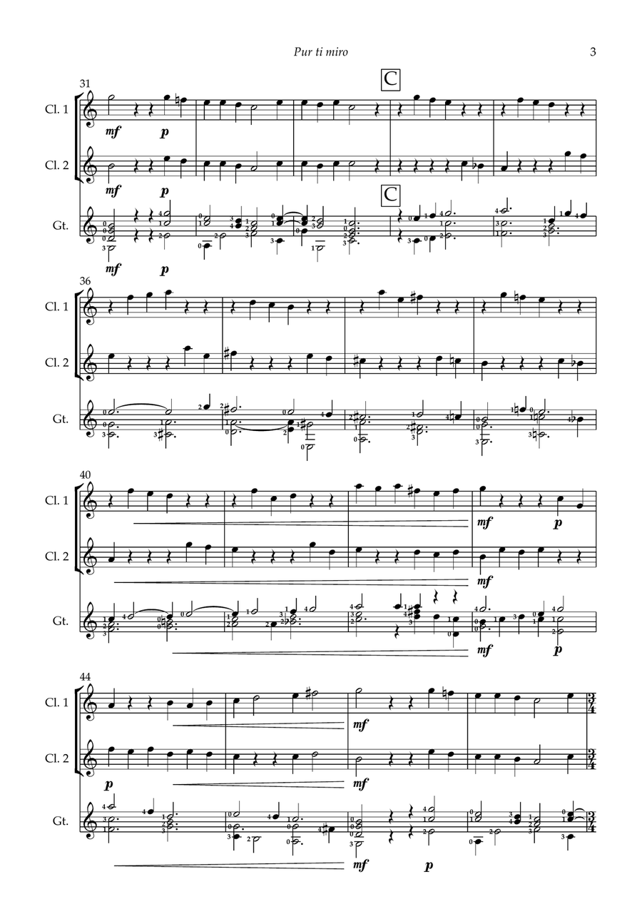 Pur ti miro (I adore you) for 2 clarinets and guitar Clarinet Duet scores gallery preview page 3