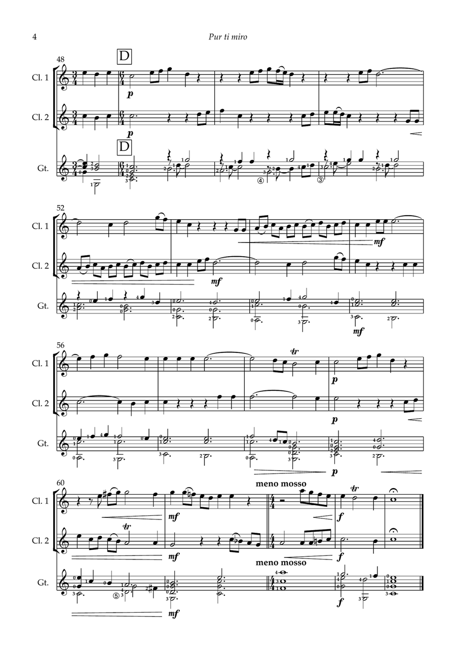 Pur ti miro (I adore you) for 2 clarinets and guitar Clarinet Duet scores gallery preview page 4