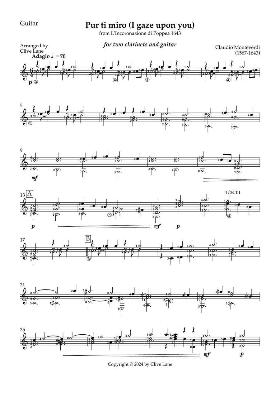 Pur ti miro (I adore you) for 2 clarinets and guitar Clarinet Duet scores gallery preview page 5