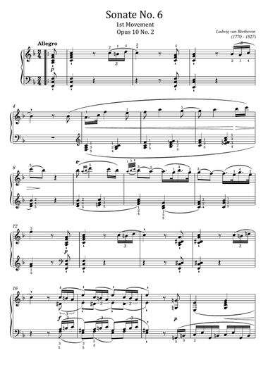 Beethoven - Piano Sonata No.6 in F Major, Op.10 No.2 - 1st Mov Original For Piano Solo(Fingering)