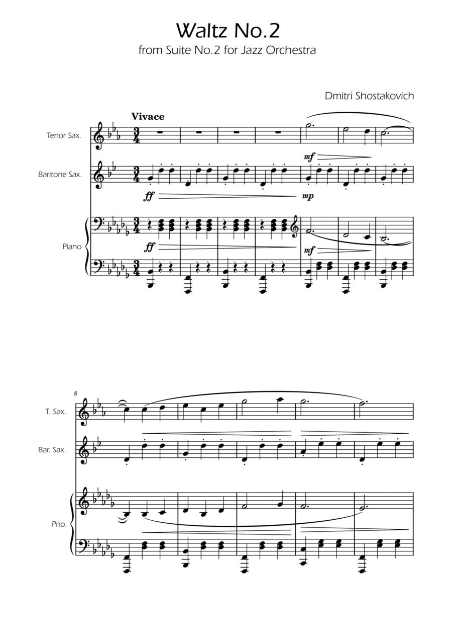 Dmitri Shostakovich - Second Waltz - Sax Duet w/ Piano Woodwind Duet scores gallery preview page 1