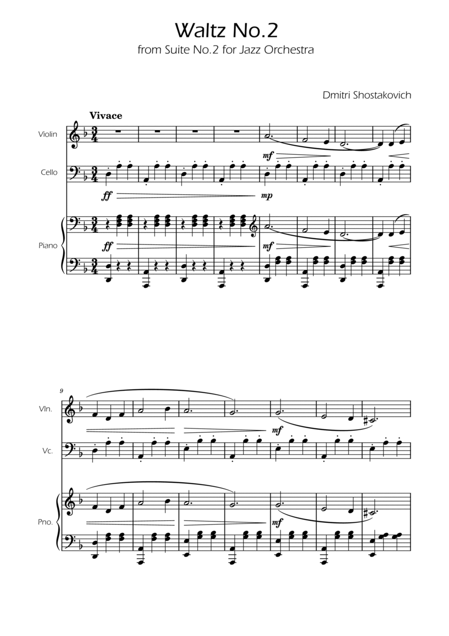 Dmitri Shostakovich - Second Waltz - Violin and Cello Duet w/ Piano Piano Trio scores gallery preview page 1