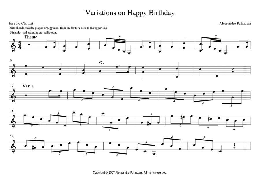 Variations on Happy Birthday for Solo Clarinet Clarinet Solo scores gallery preview page 3