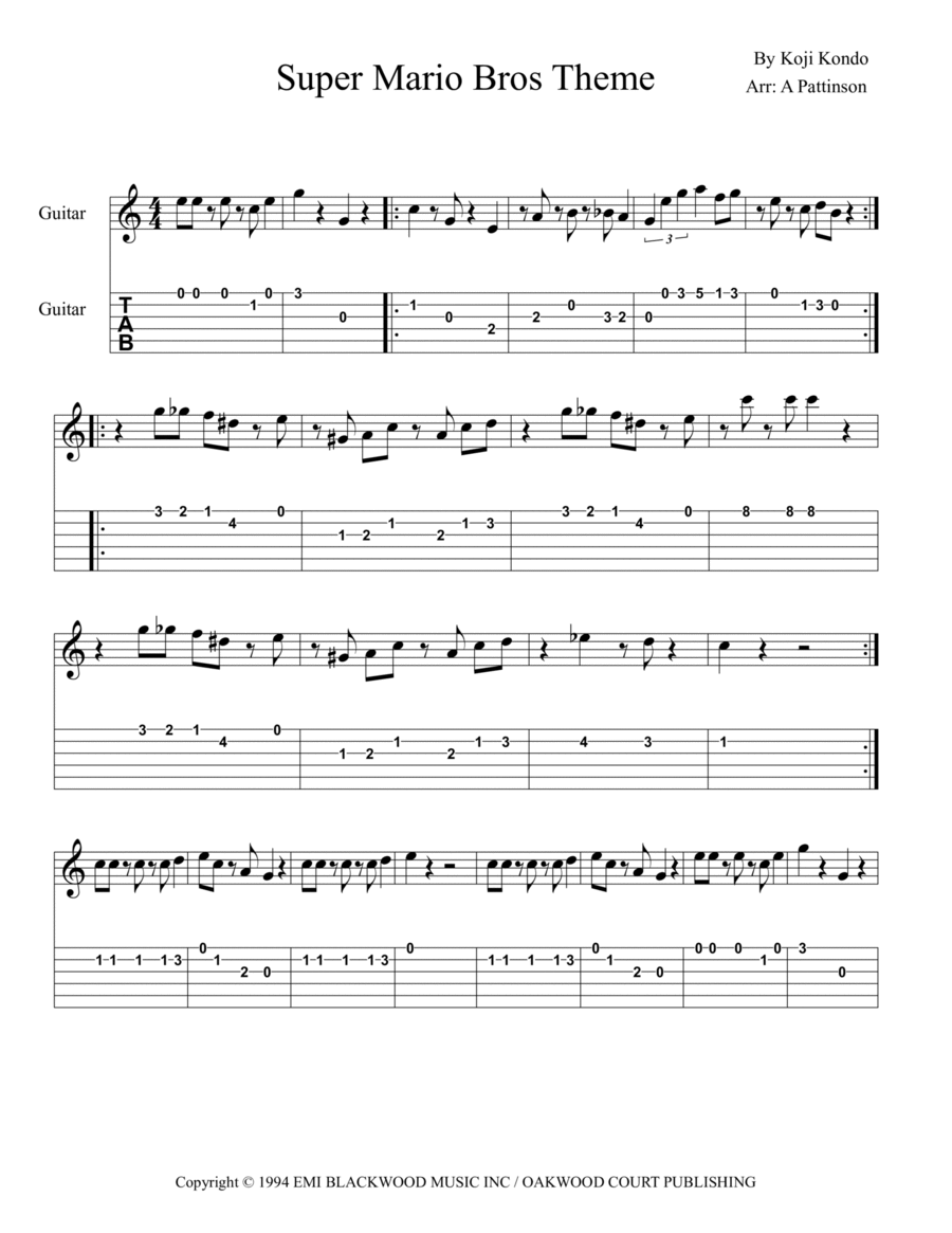 Super Mario Bros Theme Guitar Tablature scores gallery preview page 1