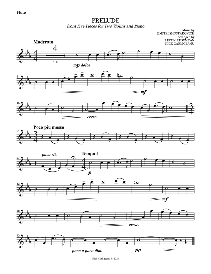 Prelude from Five Pieces for Two Violins and Piano (Flute) Chamber Music scores gallery preview page 1
