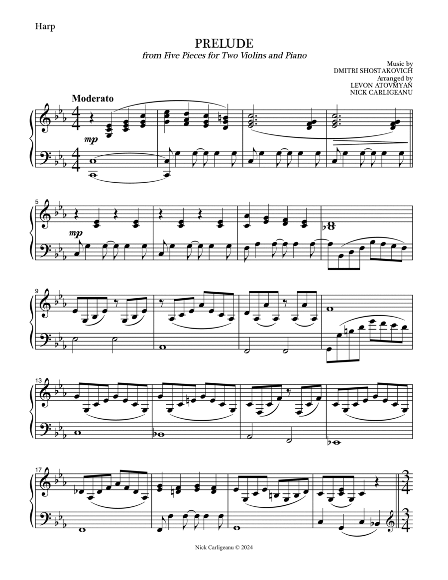 Prelude from Five Pieces for Two Violins and Piano (Harp) Chamber Music scores gallery preview page 1