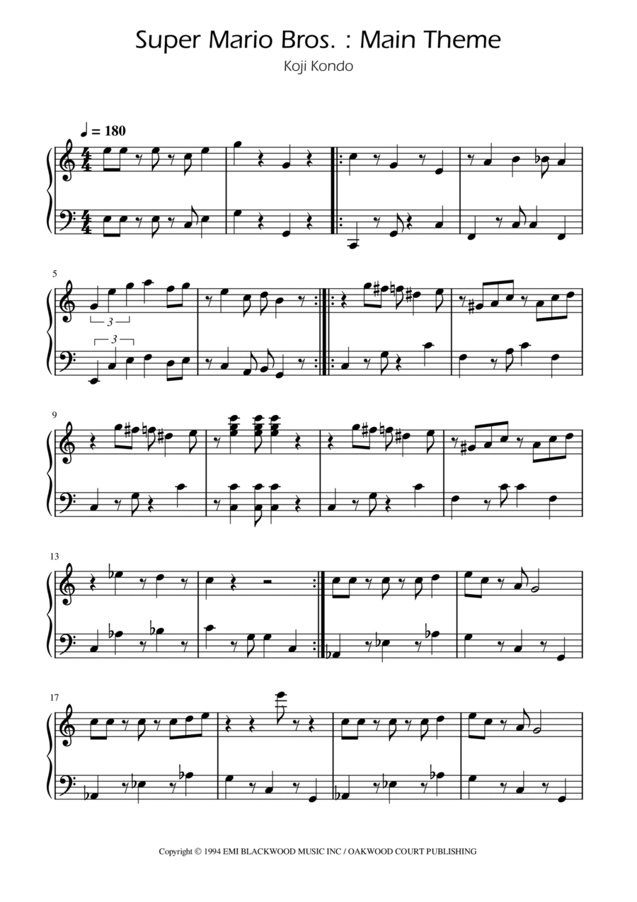 Super Mario Bros Theme Piano Solo scores gallery preview page 1