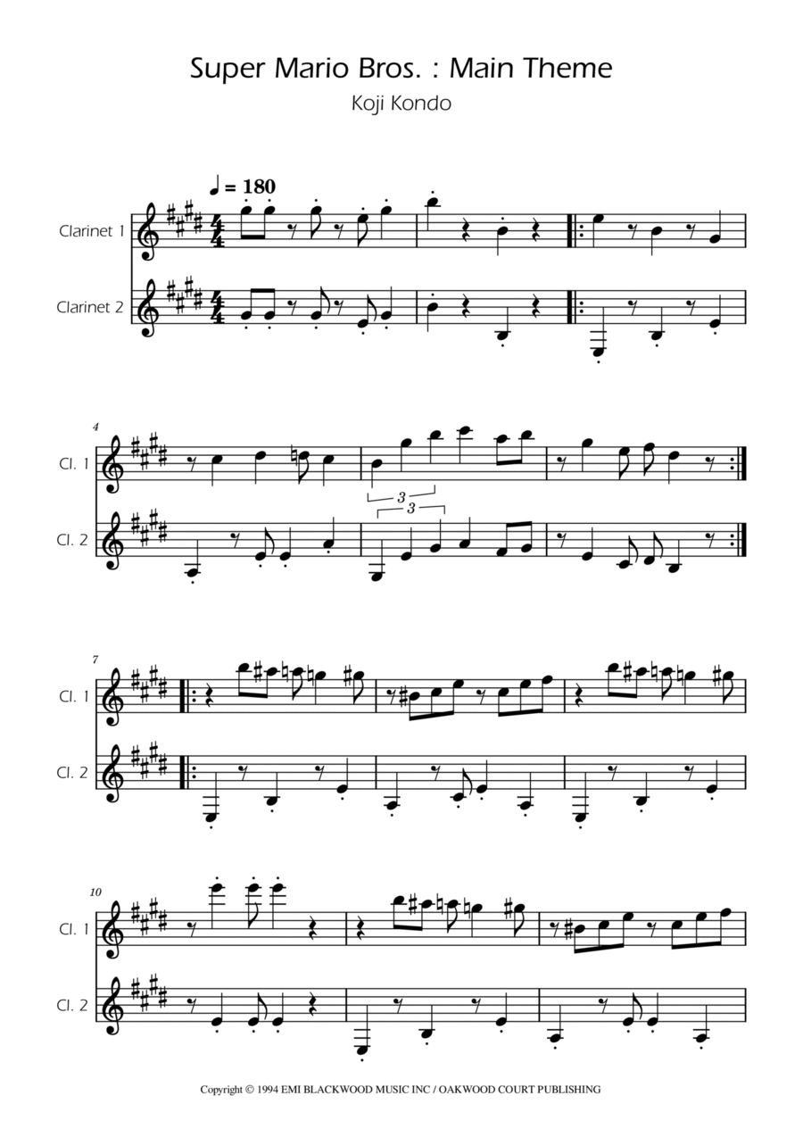Super Mario Bros Theme Clarinet Duet scores gallery preview page 1
