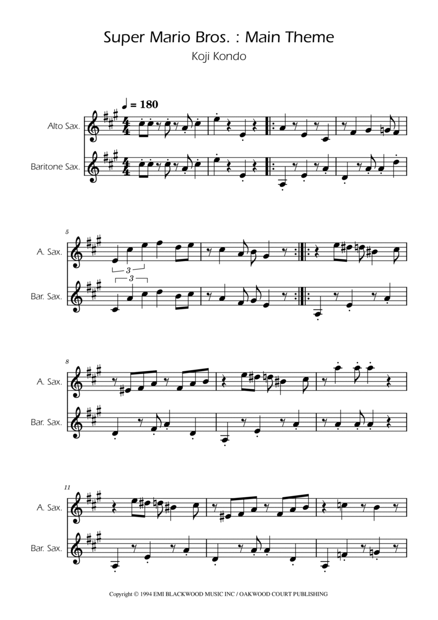 Super Mario Bros Theme Baritone Saxophone scores gallery preview page 1