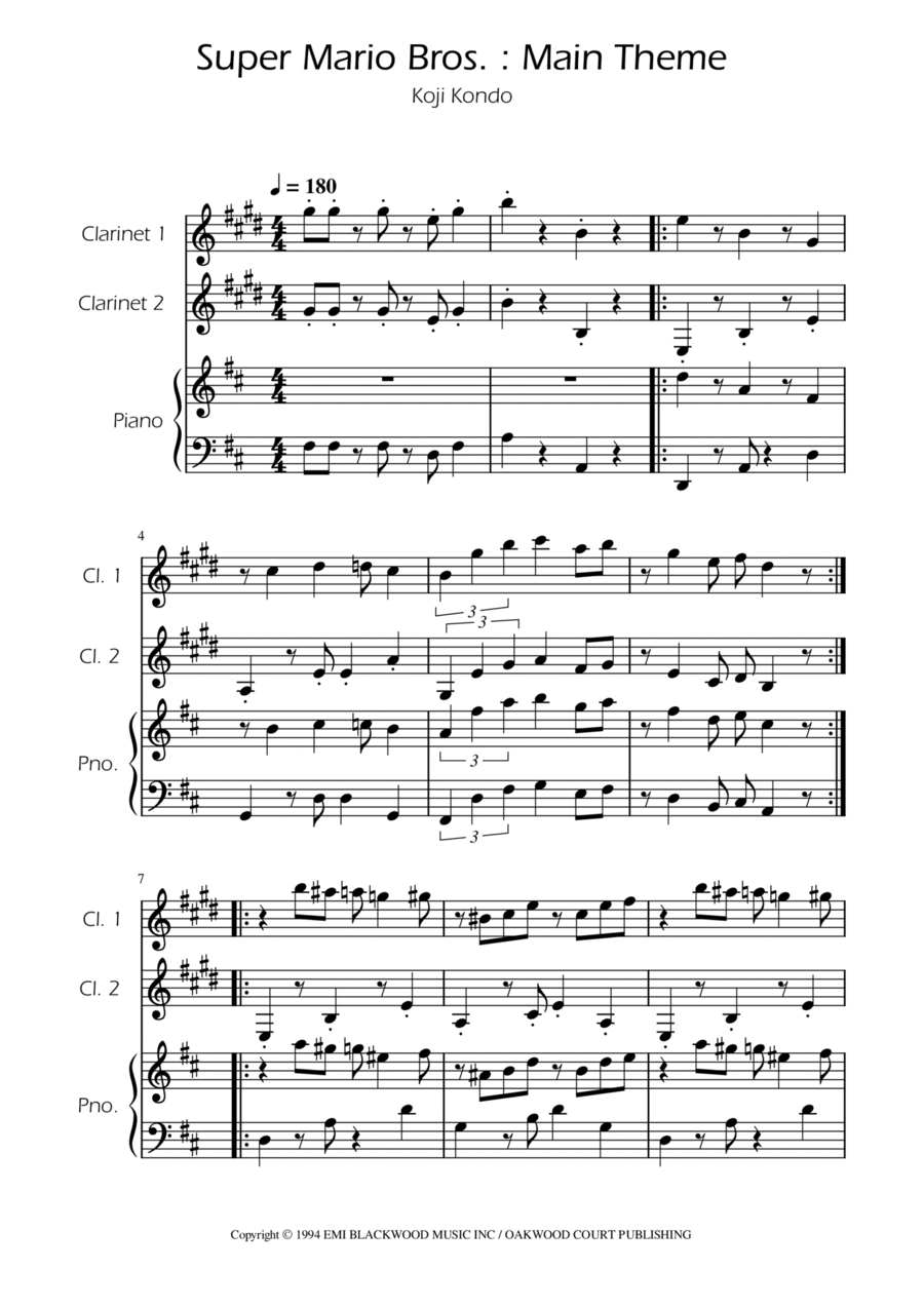 Super Mario Bros Theme Clarinet Duet scores gallery preview page 1