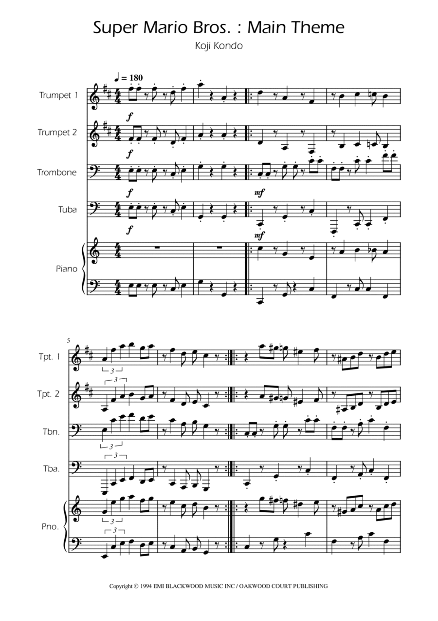 Super Mario Bros Theme Brass Quartet scores gallery preview page 1