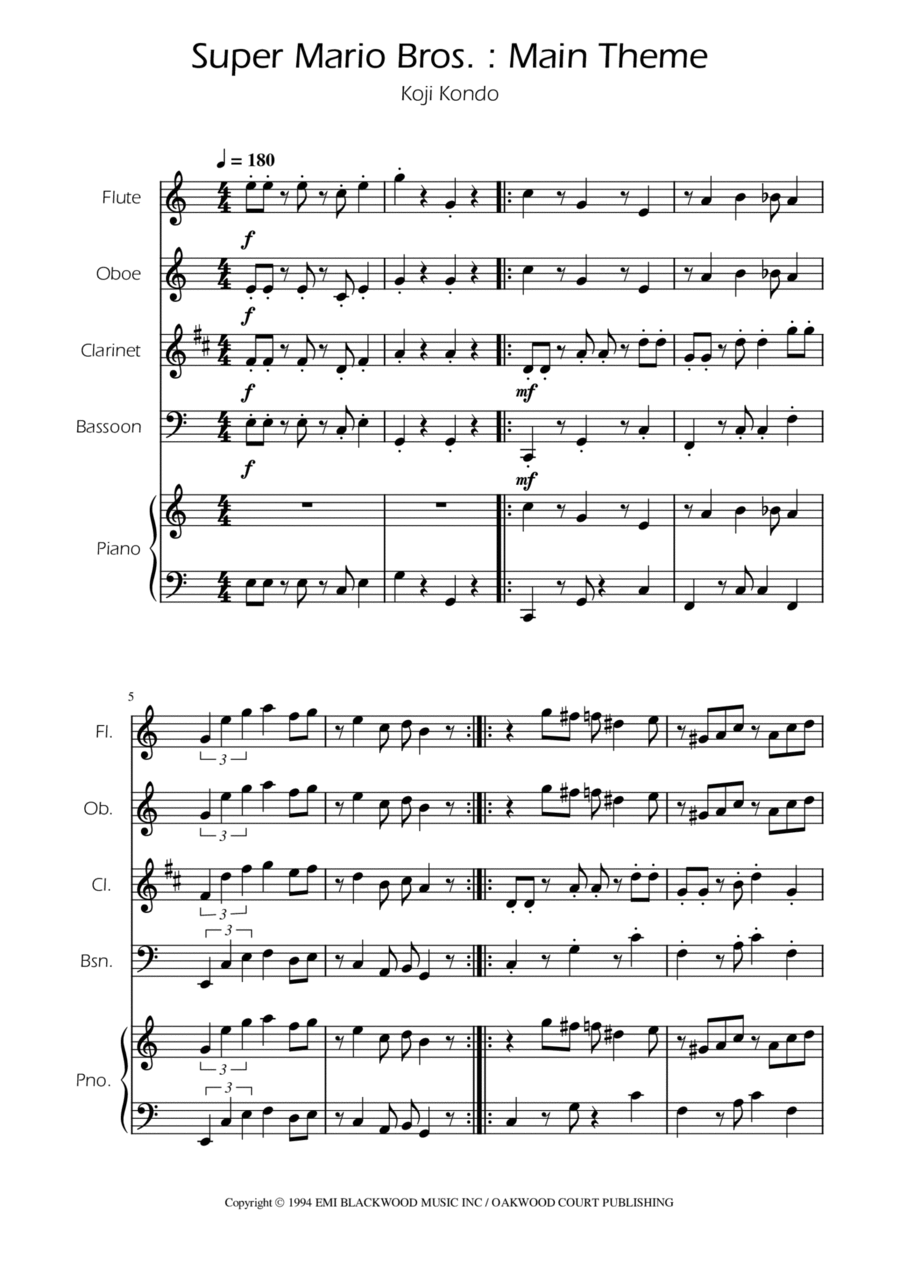 Super Mario Bros Theme Woodwind Quartet scores gallery preview page 1
