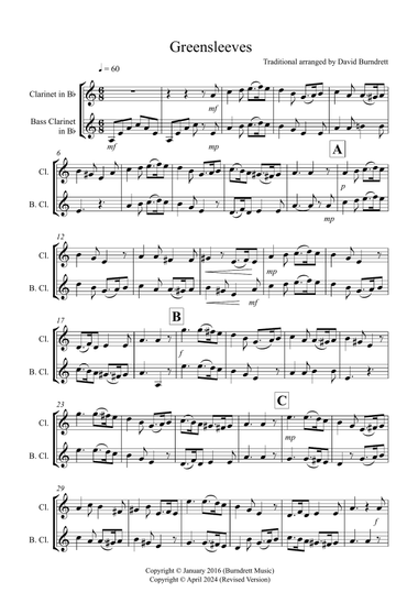 Greensleeves for Clarinet and Bass Clarinet Duet