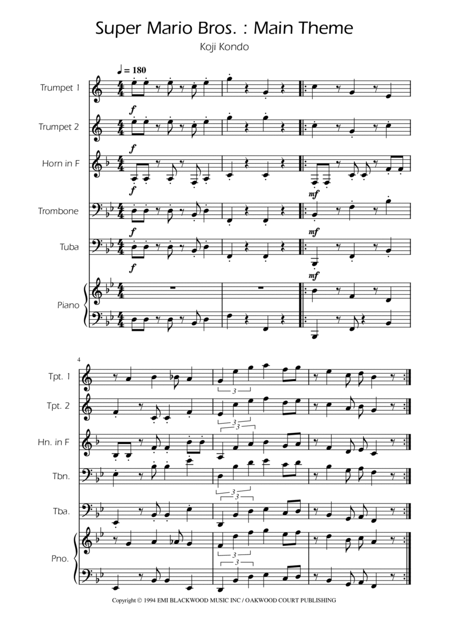 Super Mario Bros Theme Brass Quintet scores gallery preview page 1