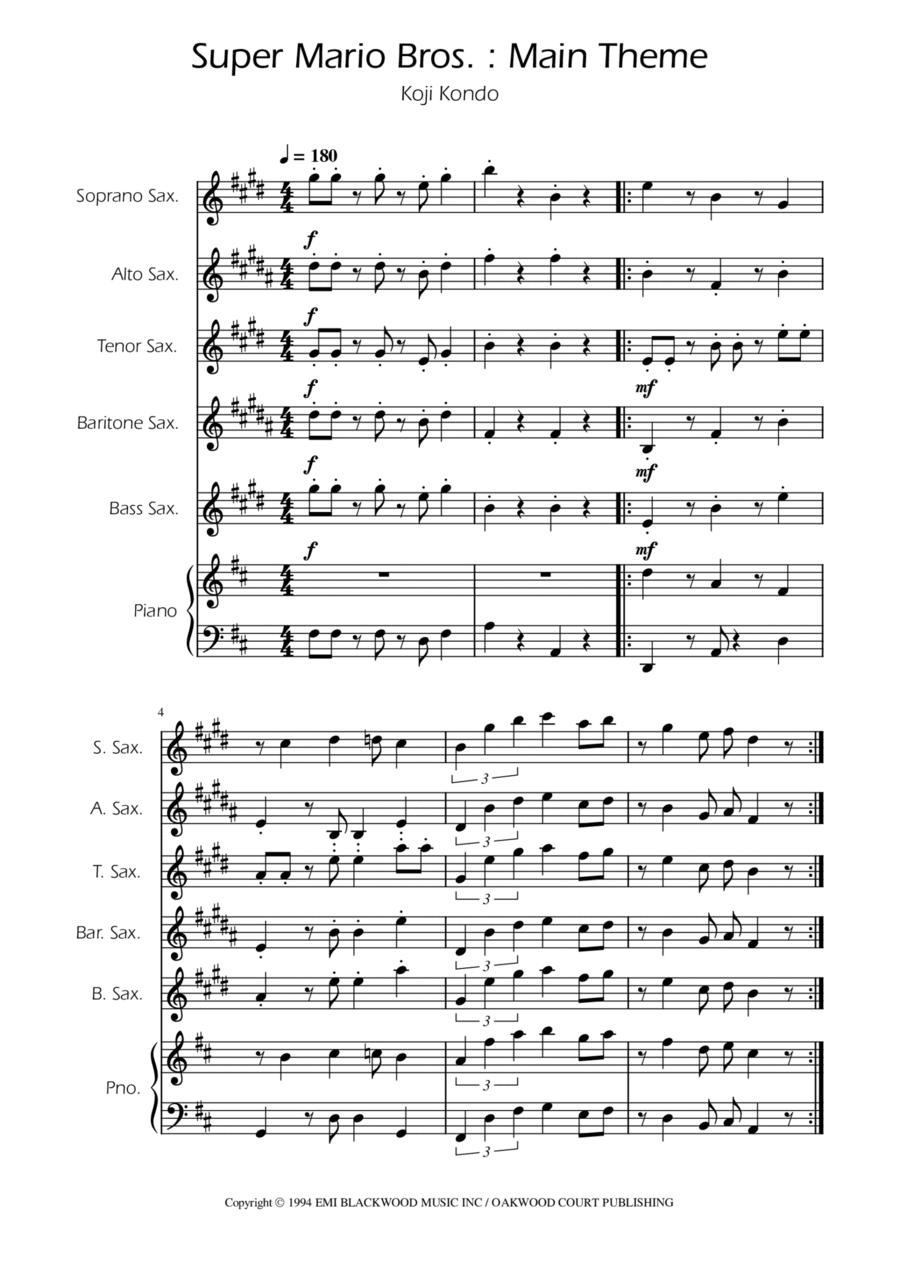 Super Mario Bros Theme Saxophone Quintet scores gallery preview page 1
