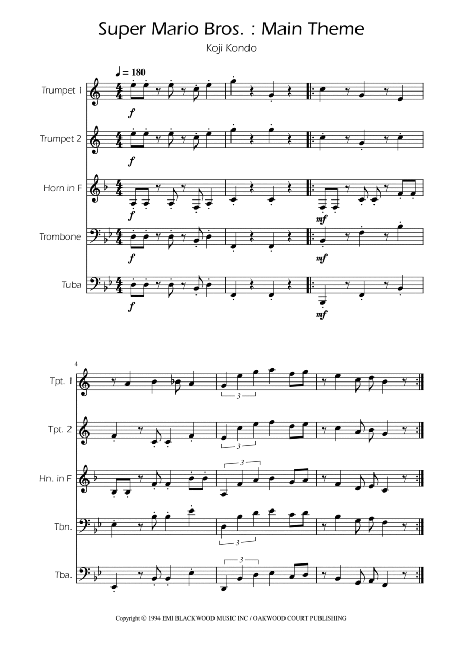 Super Mario Bros Theme Brass Quintet scores gallery preview page 1